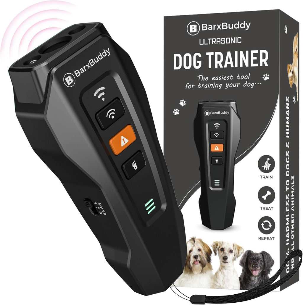 BarxBuddy handheld ultrasonic dog training device held in hand