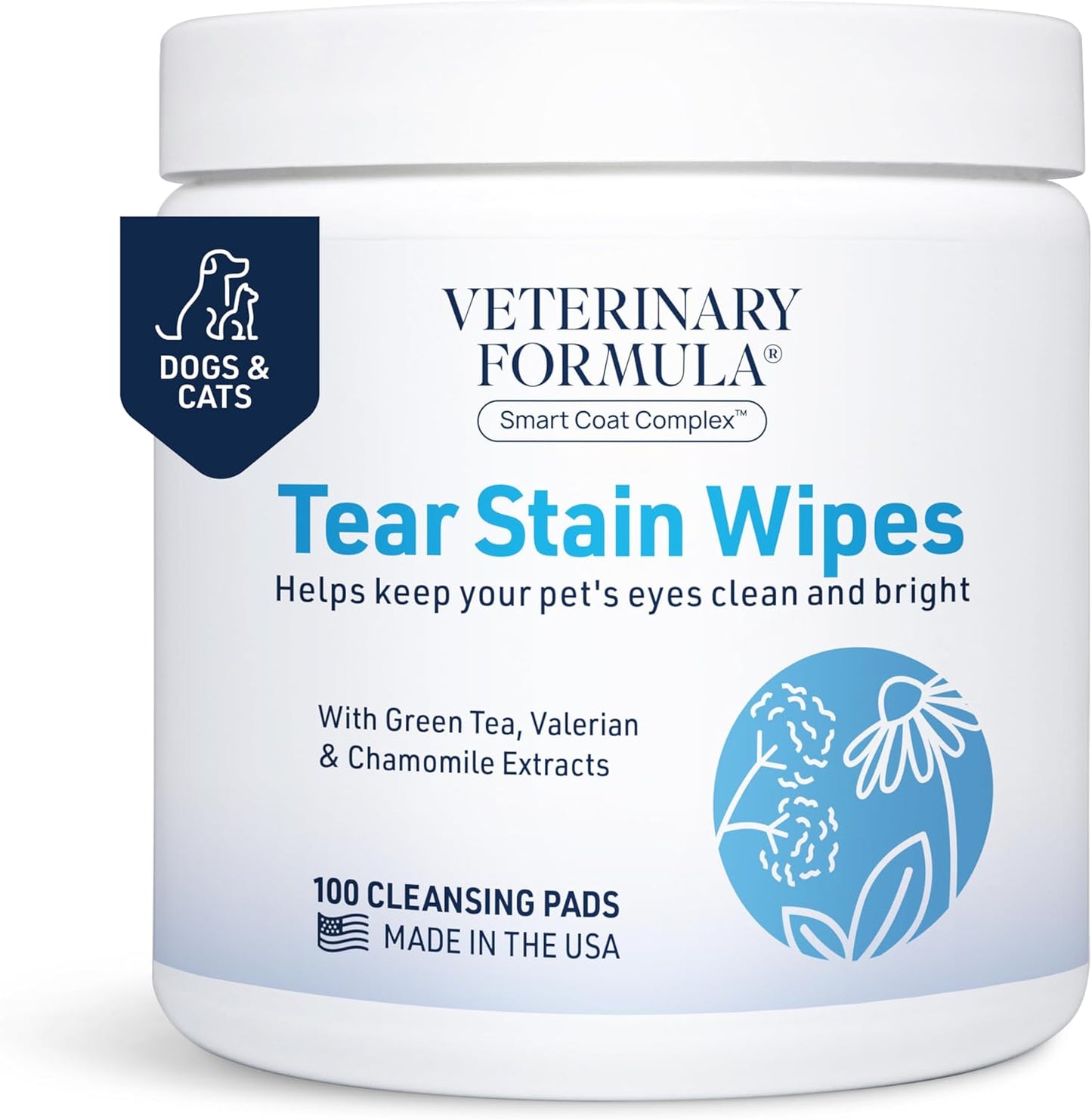 Veterinary Formula Smart Coat Complex Eye and Face Wipes 100 count front tub view