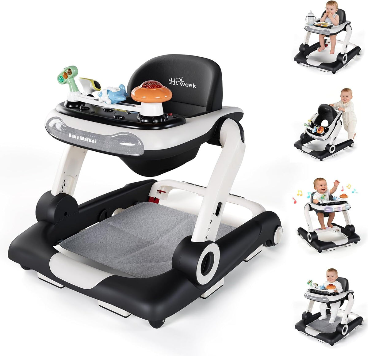 Haweek baby walker front view showcasing black and white colorway and activity tray