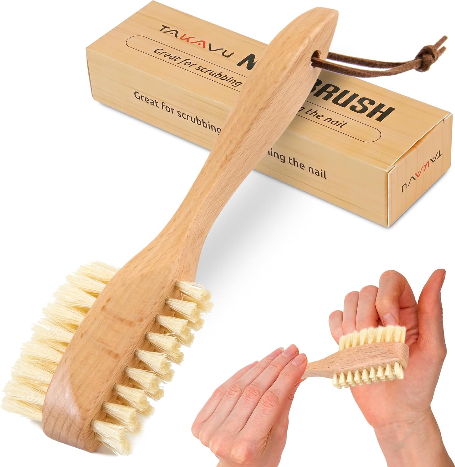 Takavu Nail Brush front view showing pure white boar bristles and natural wood handle.