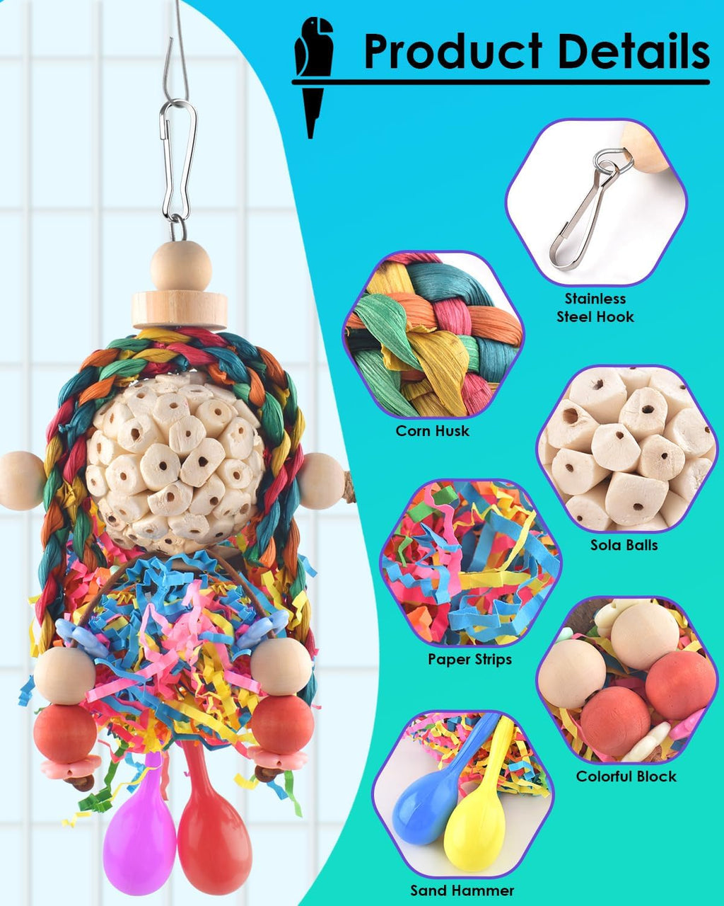Bissap bird toy with integrated sand hammer for small parrots