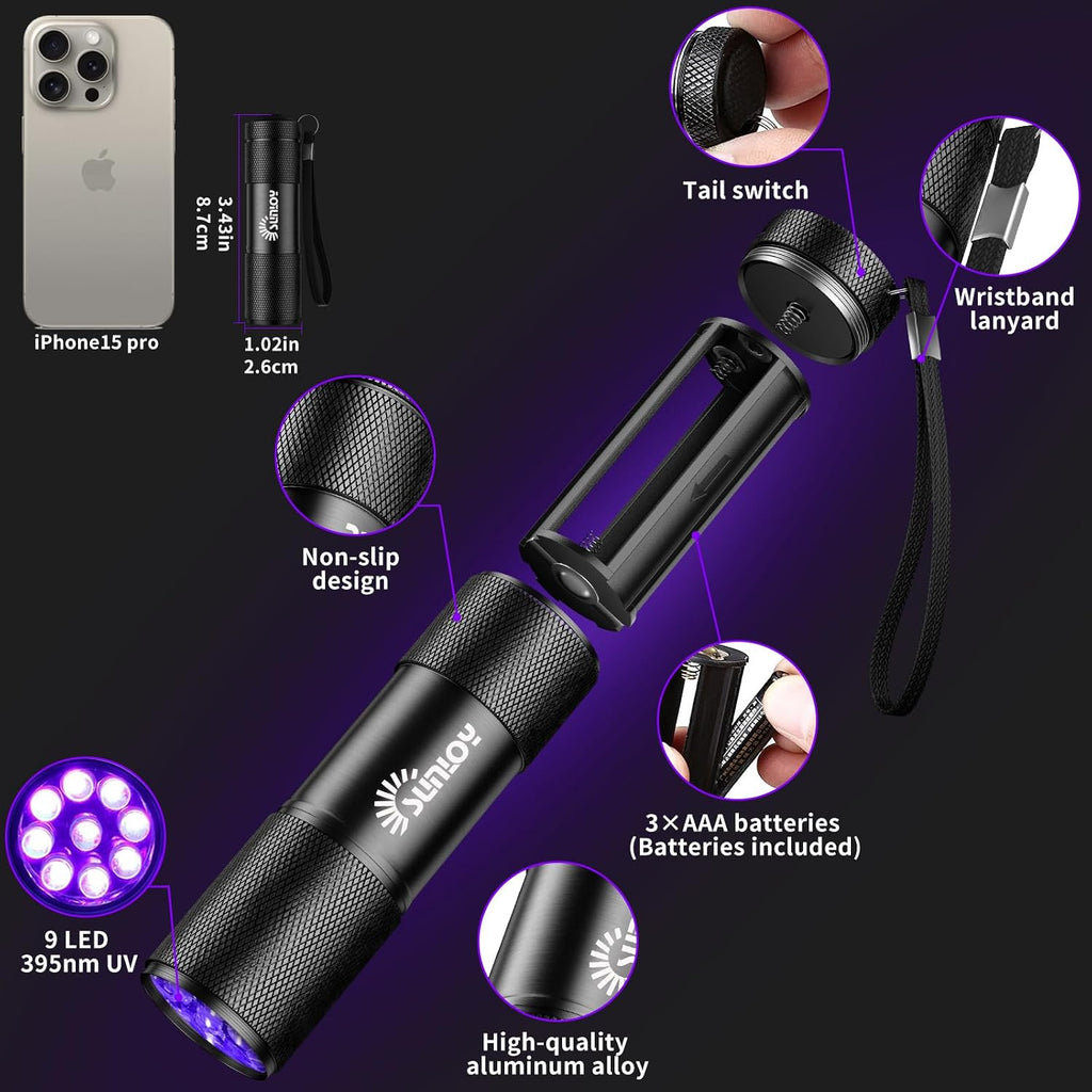 Multi use black light flashlight verifying currency authenticity and passport security features.
