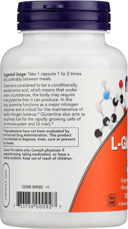 Authentic USA imported NOW Foods L-Glutamine bottle standing upright against a clean lifestyle background for fitness wellness.
