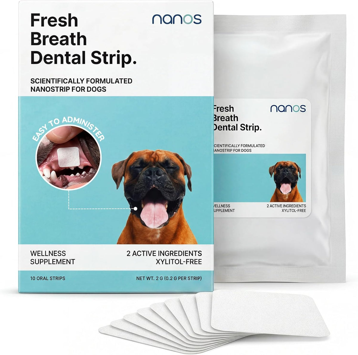 Furlicks NanosVet dog dental strips front view packaging for pet oral care
