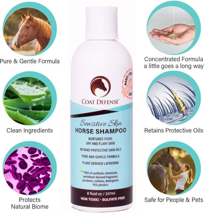Coat Defense horse shampoo bottle with natural ingredient highlights