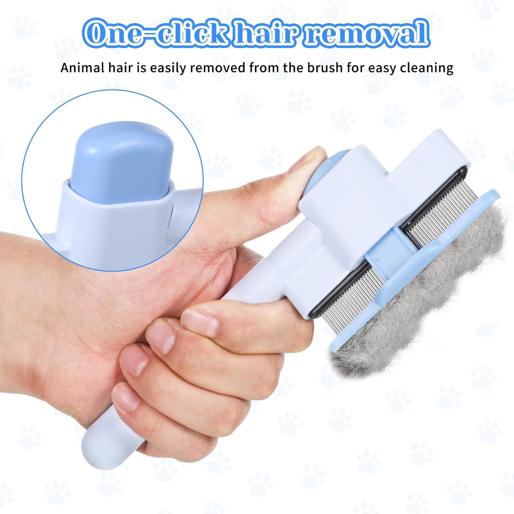 LXUEJIE pink and blue deshedding brushes side by side displaying ergonomic handles.