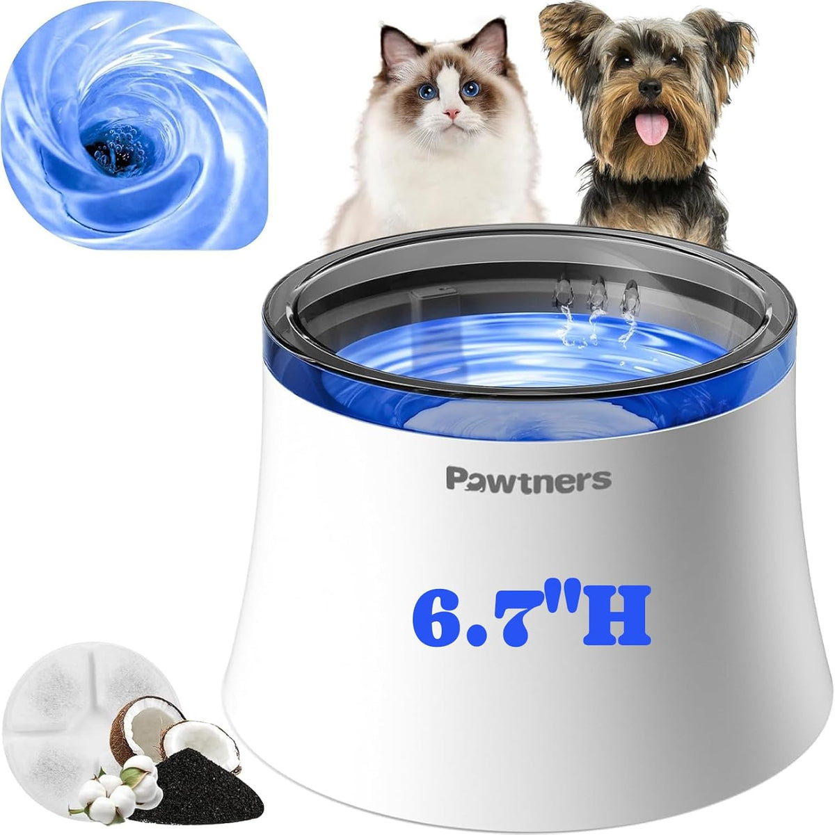Pawtners pet water fountain front view with vortex filter