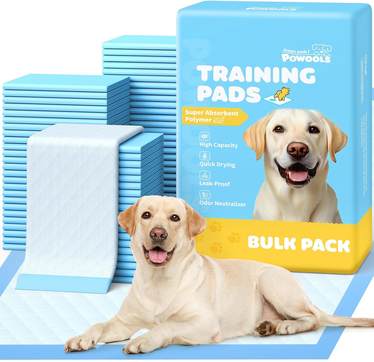 Powools Extra Large Puppy Pads front view showing the 100 pack packaging.