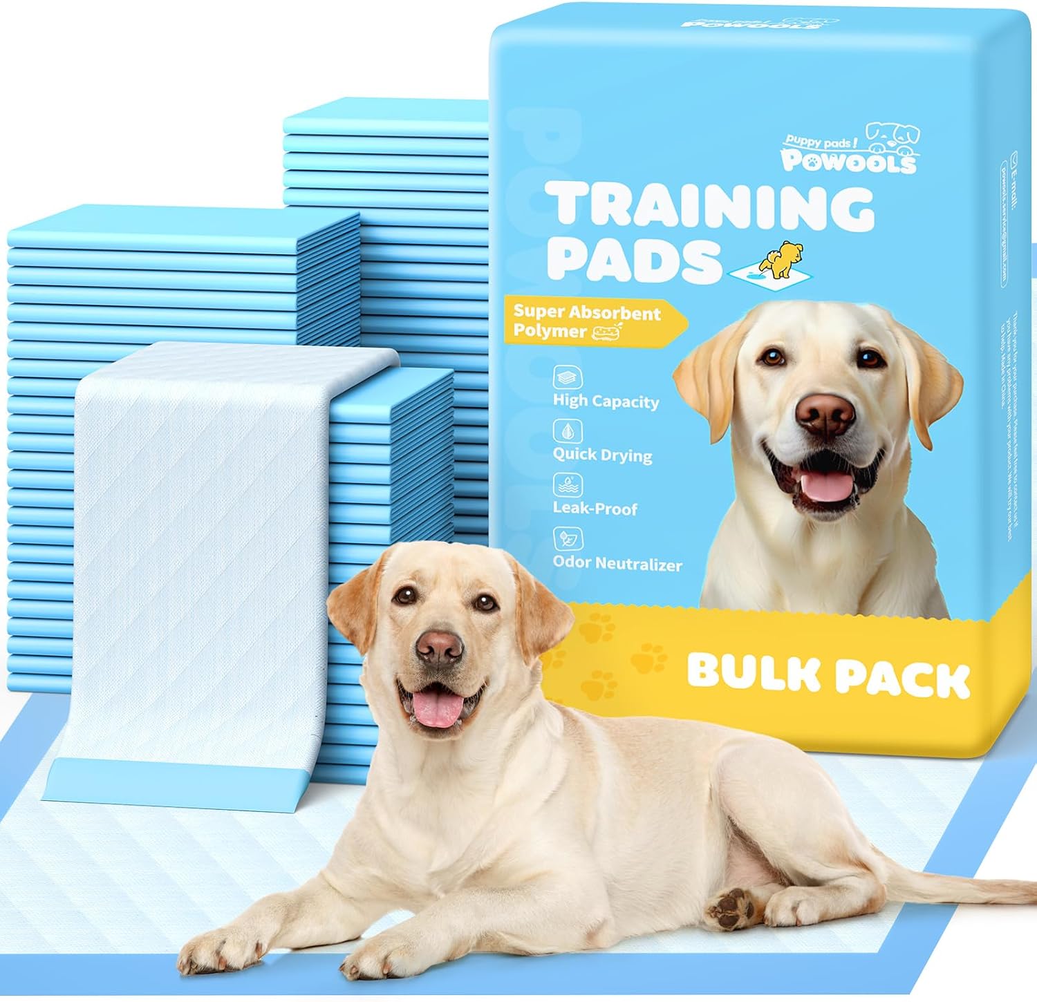 Powools Extra Large Puppy Pads front view showing the 100 pack packaging.