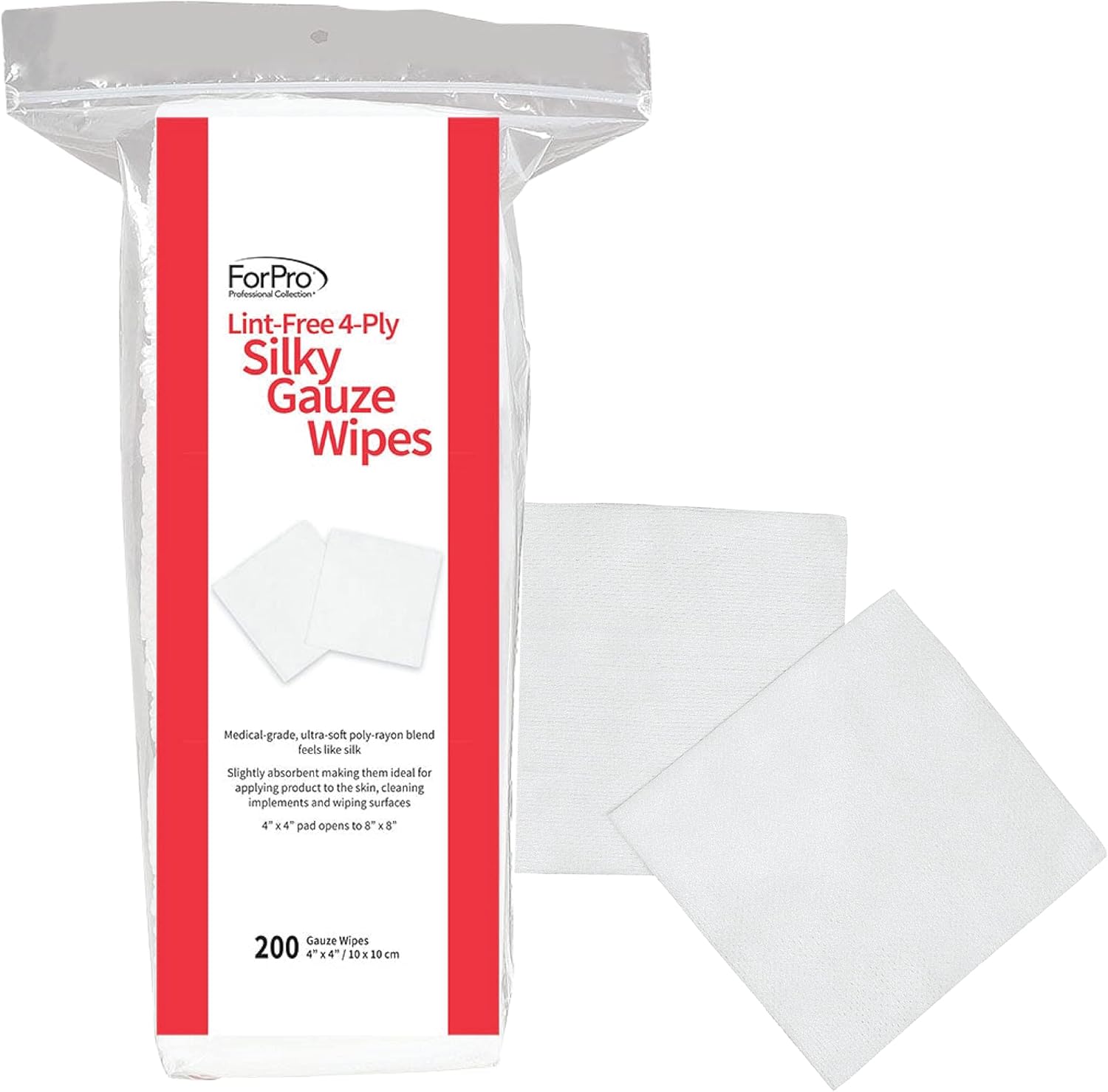 ForPro Professional Collection Lint-Free 4-Ply Silky Gauze Wipes front packaging view showcasing the 200-count reclosable bag.