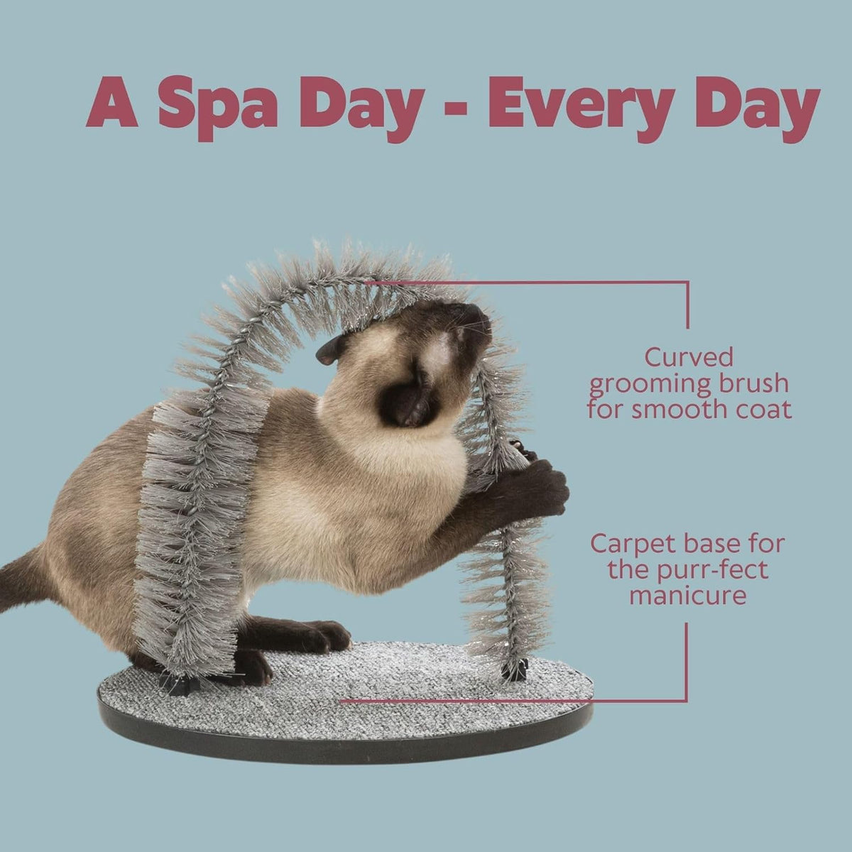 Trixie cat self grooming arch angled view highlighting the carpet scratching base