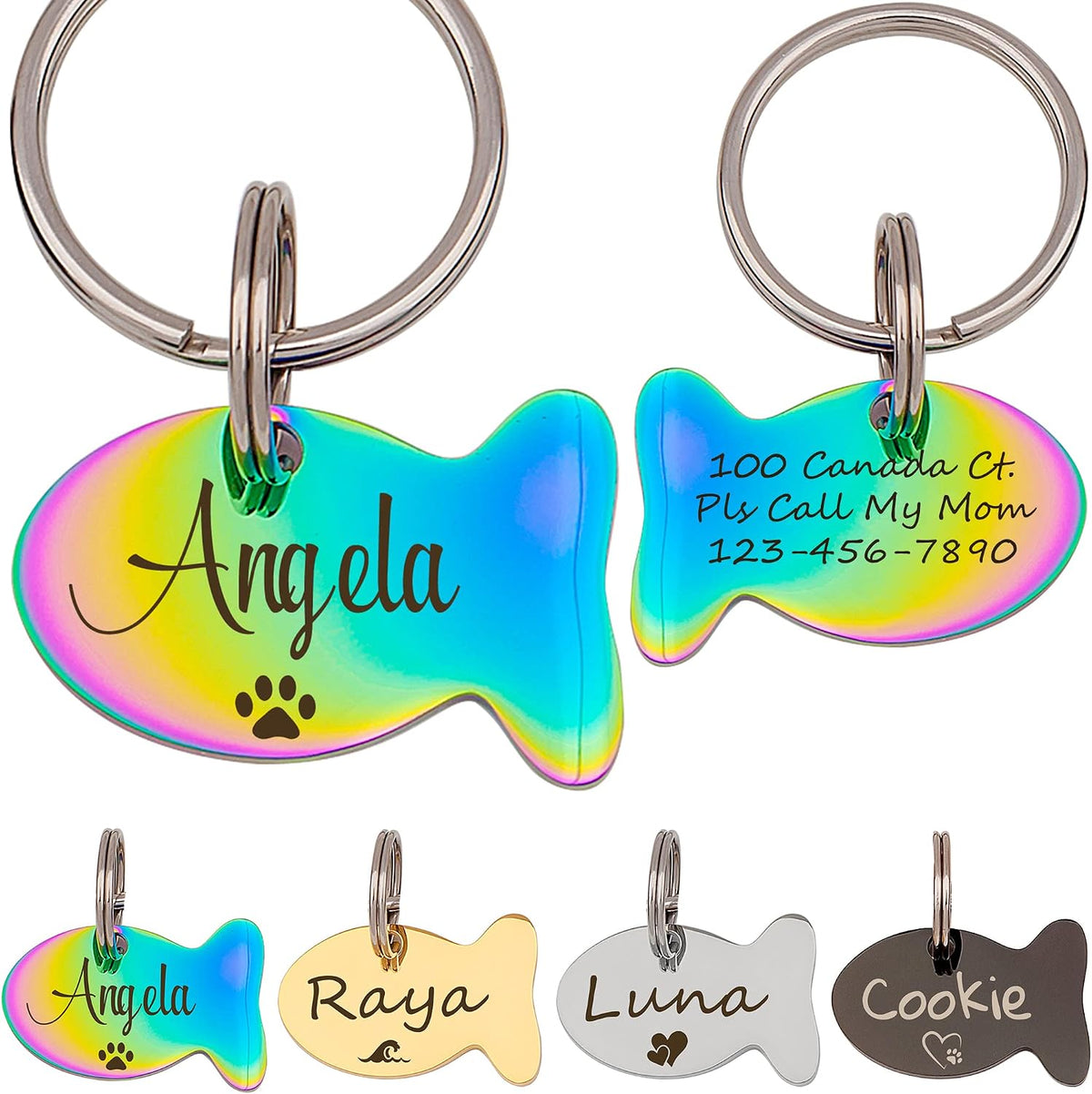 Anavia Cat Head & Fish Shape Pet ID Tags, Personalized Funny Icon Design Cat Name Tag, Customized Gold Plated Glossy Stainless Steel Black Rainbow Cat Dog Collar Tag (Small, Cat Head Shape, Silver) - Image 12