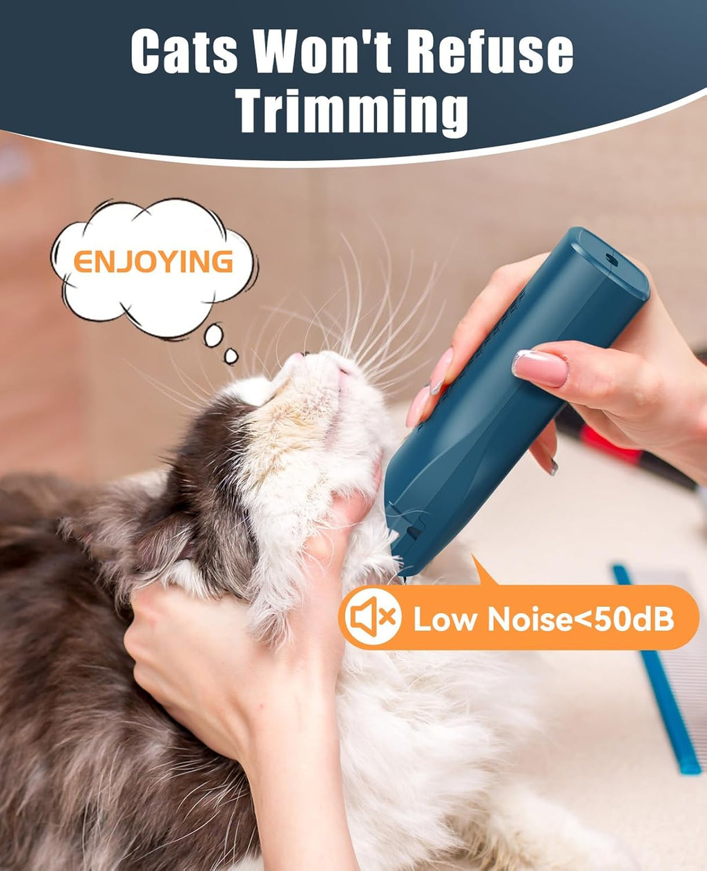 Ergonomic low noise pet hair trimmer being held by hand