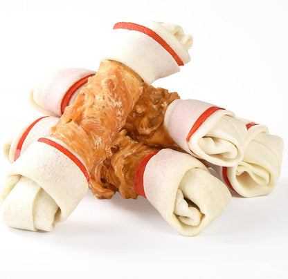 Chicken wrapped rawhide knotted bones for dogs front view