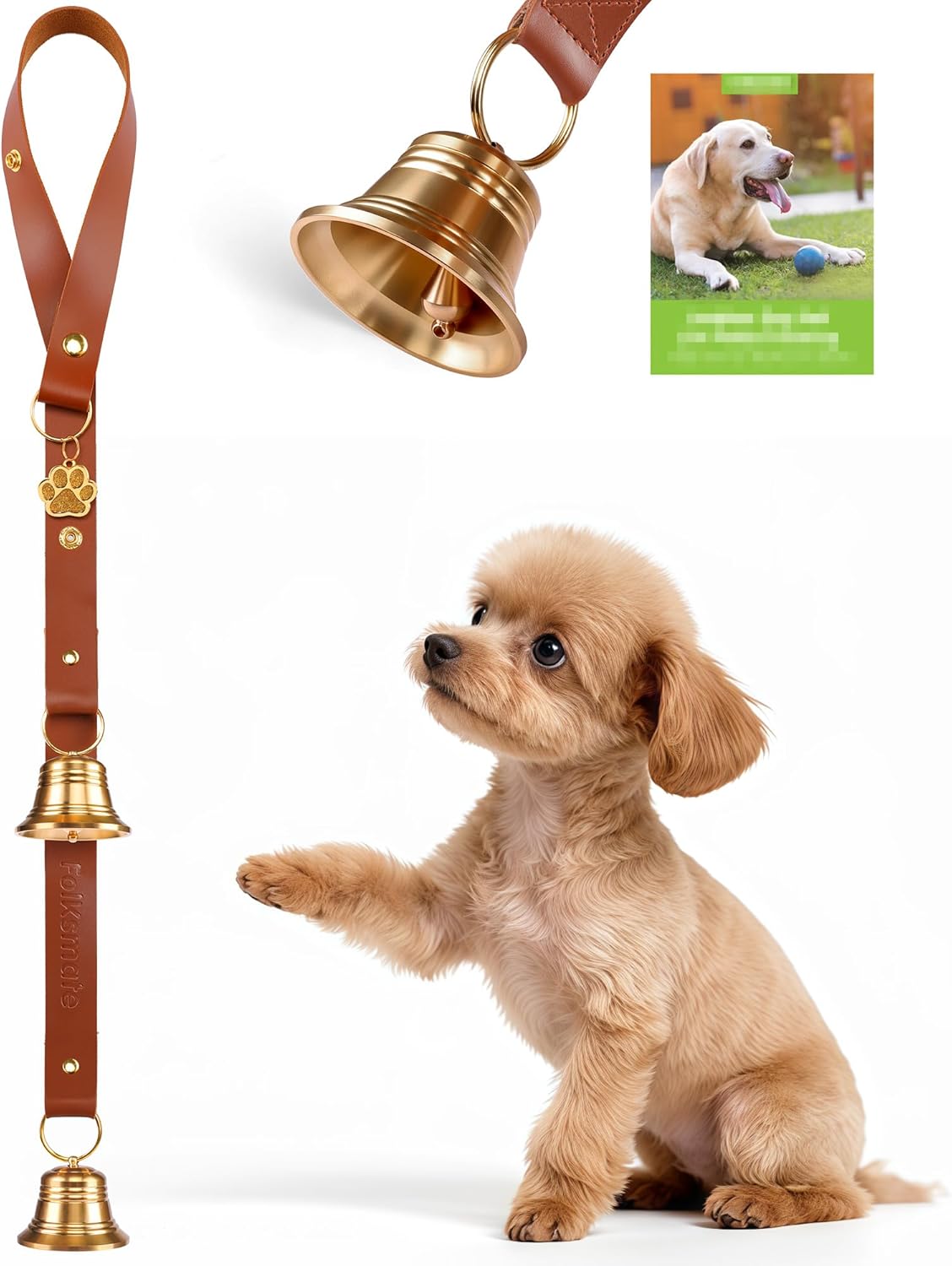 Folksmate leather dog door bell front view hanging on door