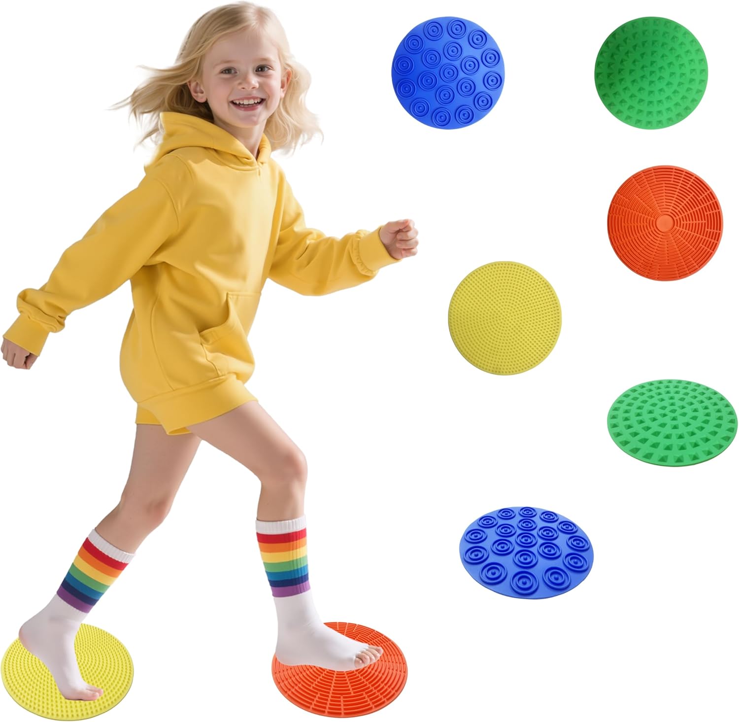 LIHBCAIYI 8 Piece Sensory Pads front view showing eight colorful textured silicone tiles for kids autism therapy.