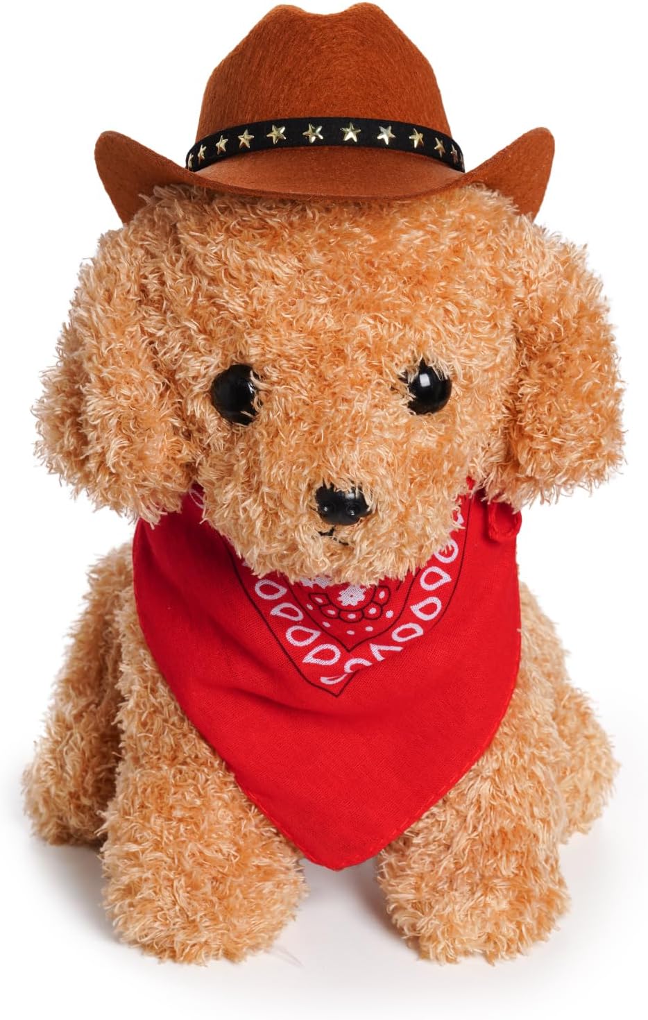 Adjustable brown felt pet cowboy hat with gold star pin detail close up view.