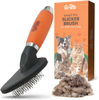 GoPets pin and bristle pet brush packaged box detailing shedding control features.