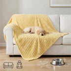 Bright yellow security pet throw being used inside a dog crate for separation anxiety relief.