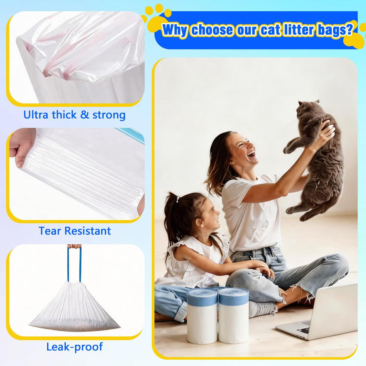 Cat litter liners 120 count box showing clean drawstring closure design.
