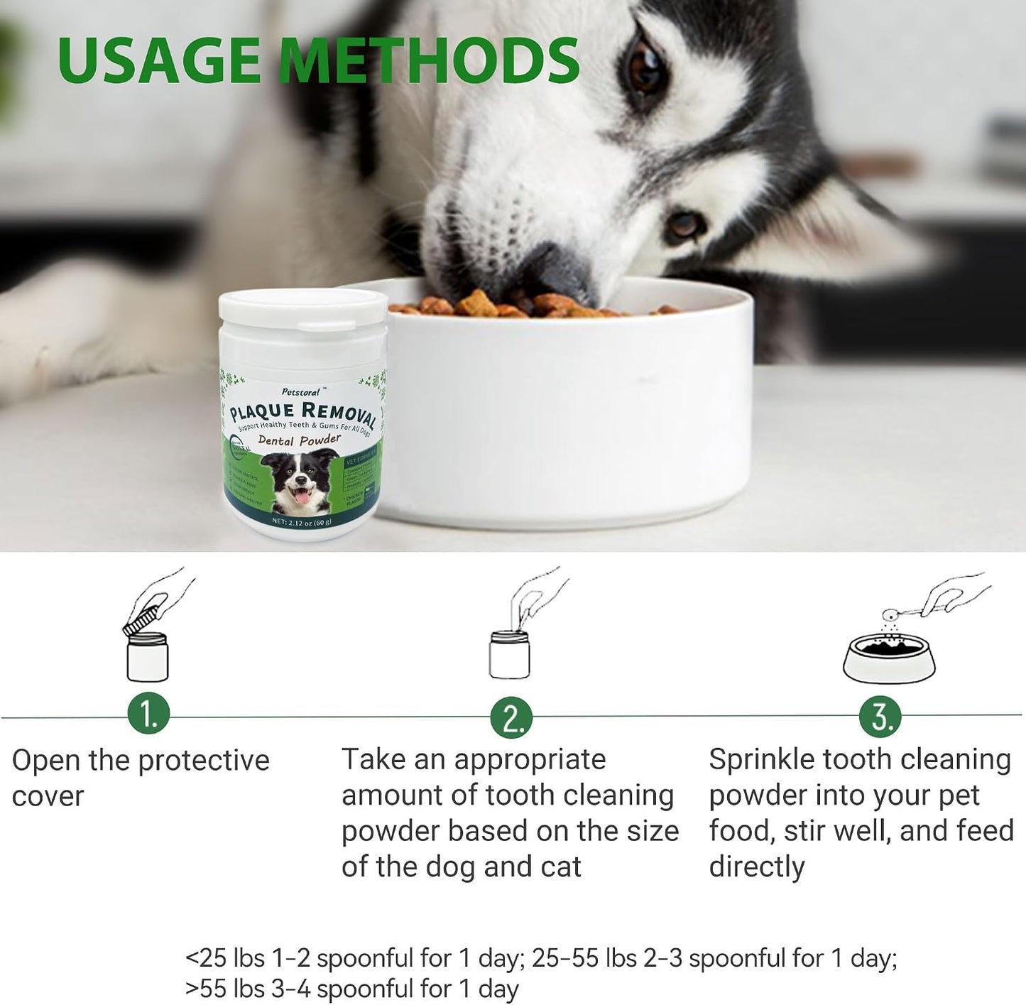 Petstoral dental powder being sprinkled on dog food