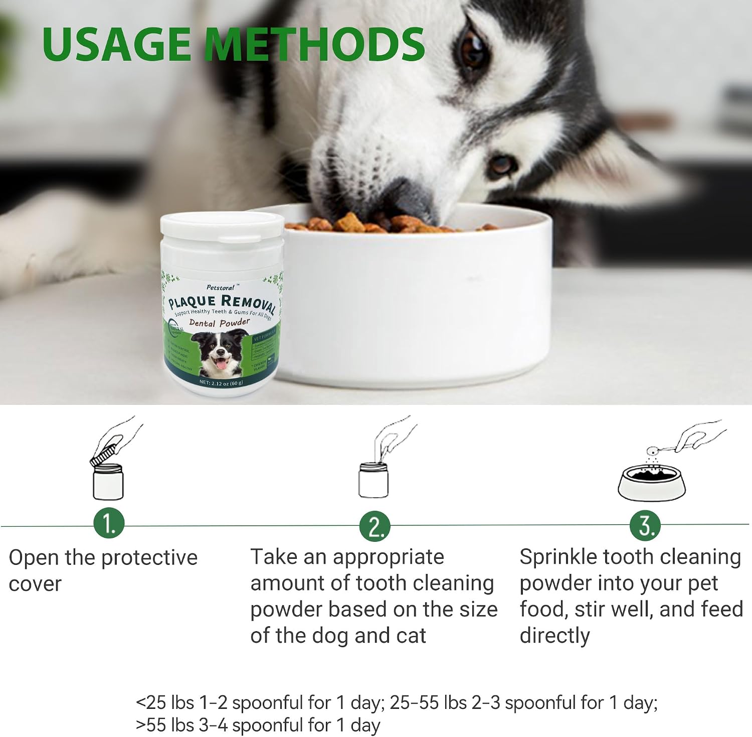 Petstoral dental powder being sprinkled on dog food