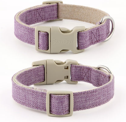 Close up of sustainable cotton hemp fabric on lavender dog collar