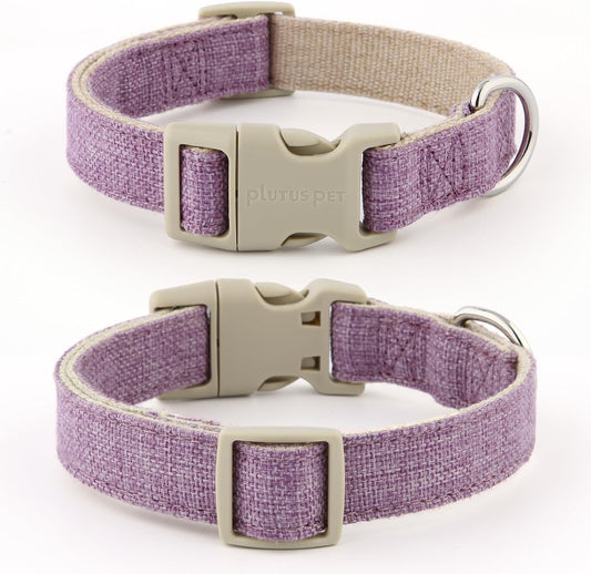 Close up of sustainable cotton hemp fabric on lavender dog collar