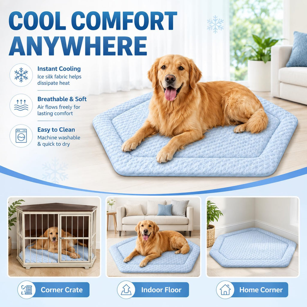 Top view of Fanfanwin blue washable dog kennel floor mat