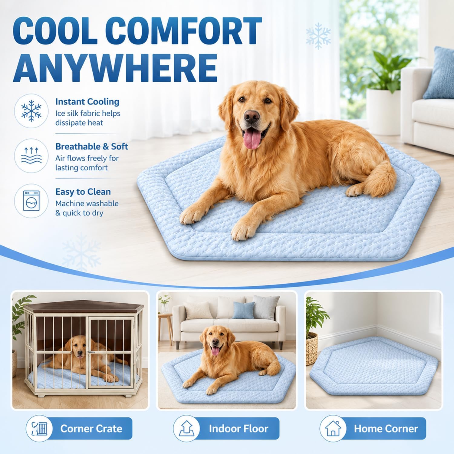 Top view of Fanfanwin blue washable dog kennel floor mat