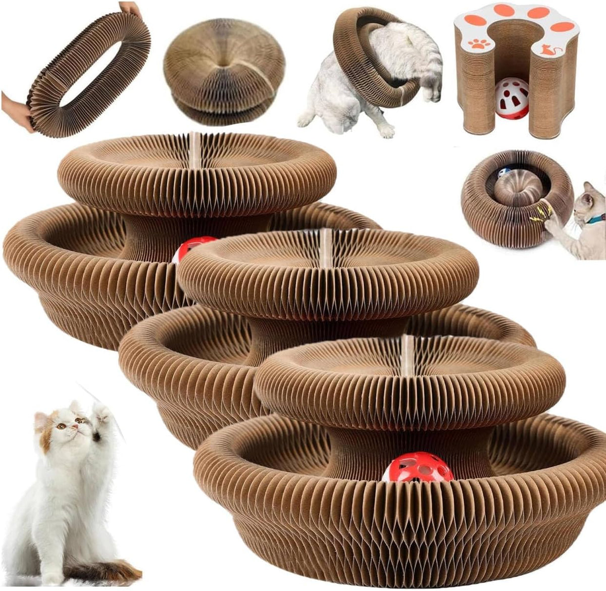 Close up view of the corrugated cardboard cat scratch pad showing the inner track with the bell ball.