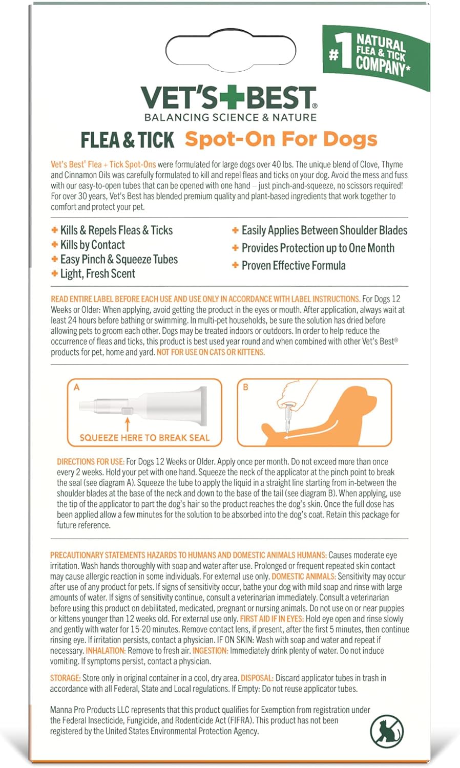 Vet's Best topical spot on drops showing the four month supply applicator tubes for large dogs.