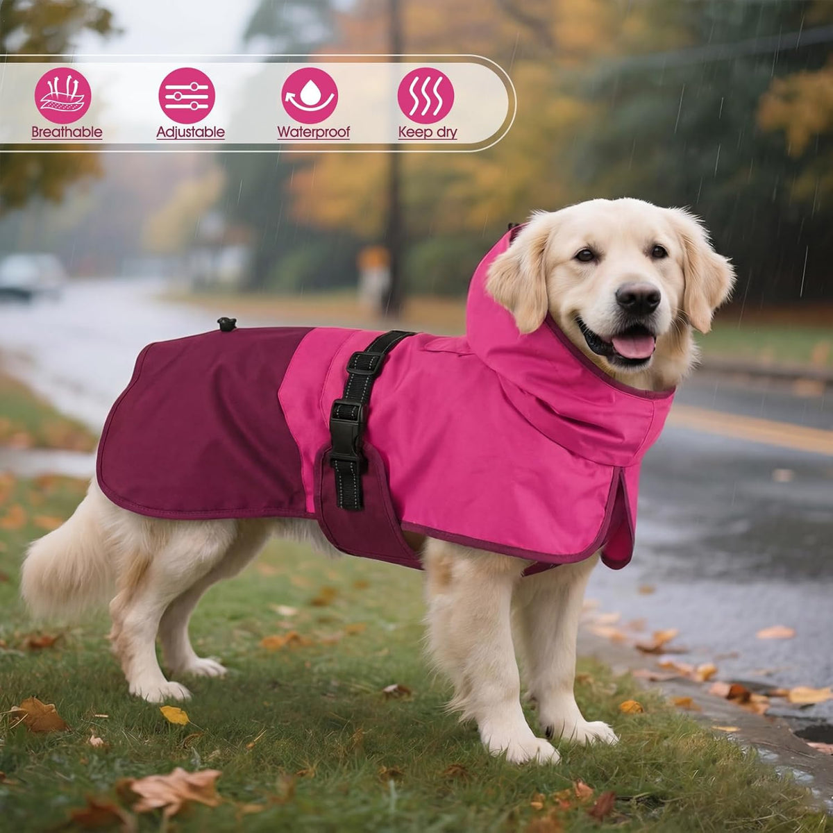 BRKURLEG waterproof pet outerwear displaying quick release belly buckles