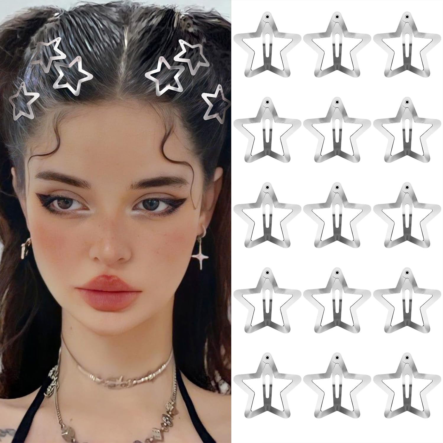 Ayzylpth star hair clips front view showing polished silver metal finish.