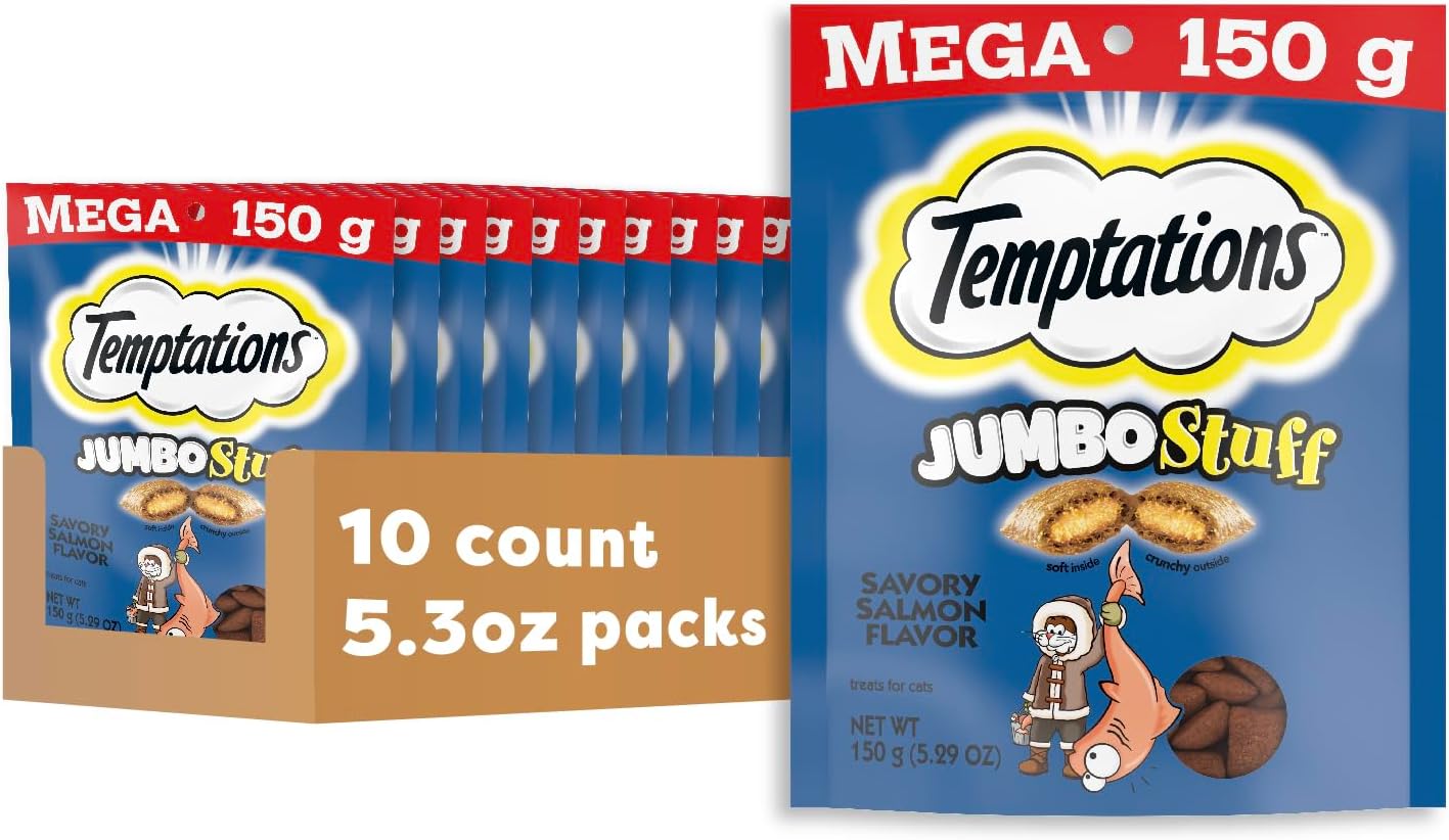 Temptations Jumbo Stuffed Cat Treats, Crunchy and Soft Cat Treats, Savory Salmon Flavor, 14 oz. Tub - Image 14