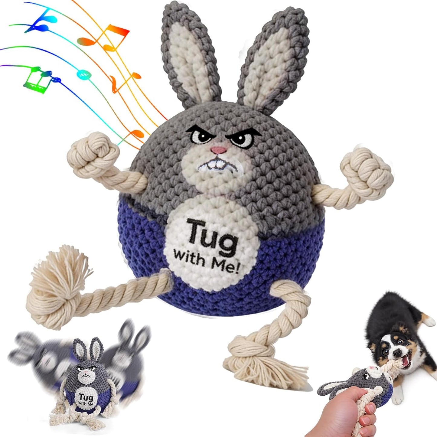 BABORUI interactive dog toy blue bunny front view featuring durable knotted cotton rope arms and legs