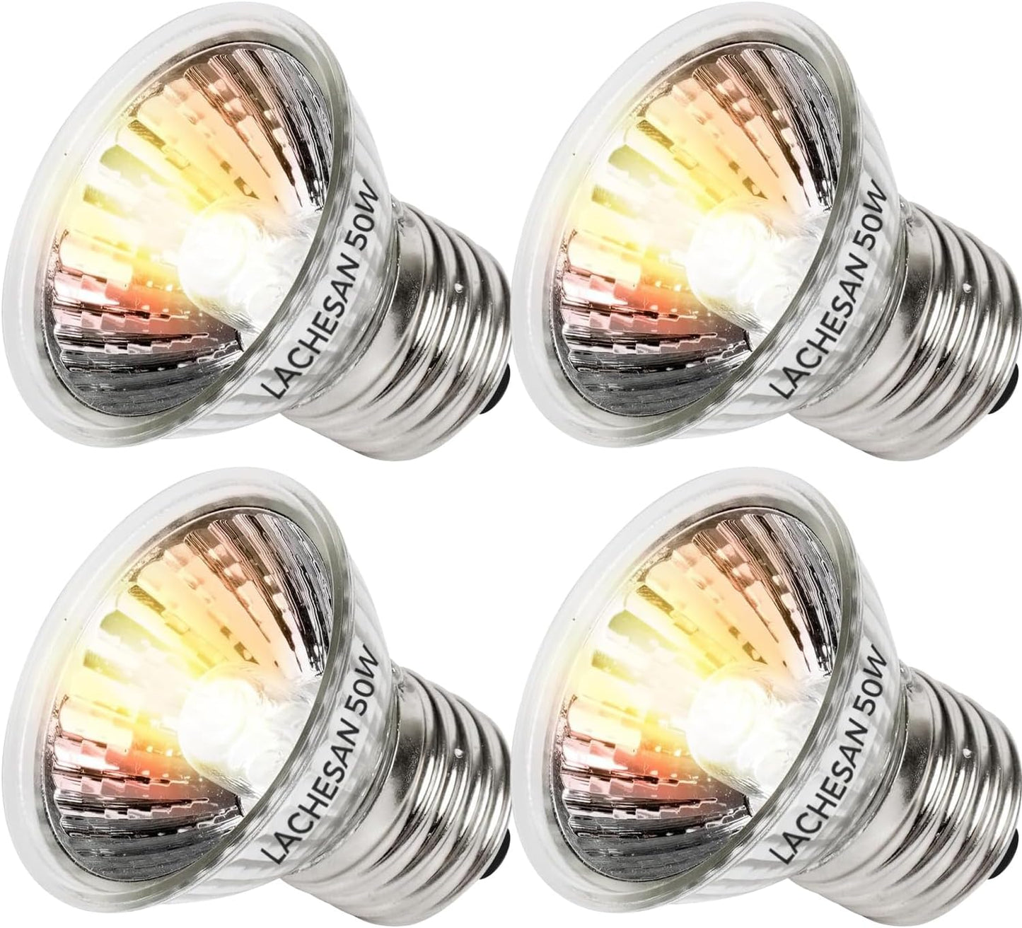 Lachesan 50W UVA Reptile Heat Lamp Bulbs front view pack of four basking lights for terrariums.