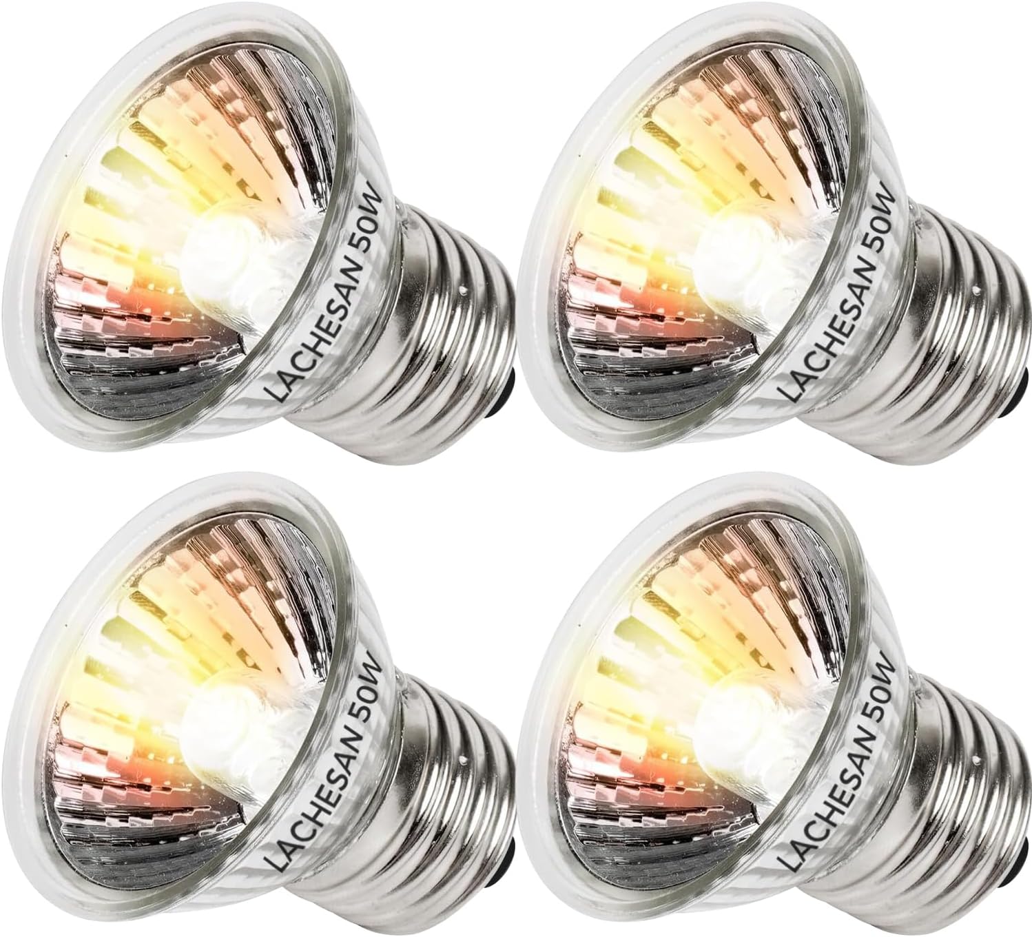 Lachesan 50W UVA Reptile Heat Lamp Bulbs front view pack of four basking lights for terrariums.