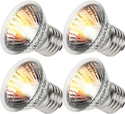 Lachesan 50W UVA Reptile Heat Lamp Bulbs front view pack of four basking lights for terrariums.