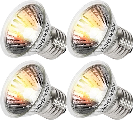 Lachesan 50W UVA Reptile Heat Lamp Bulbs front view pack of four basking lights for terrariums.