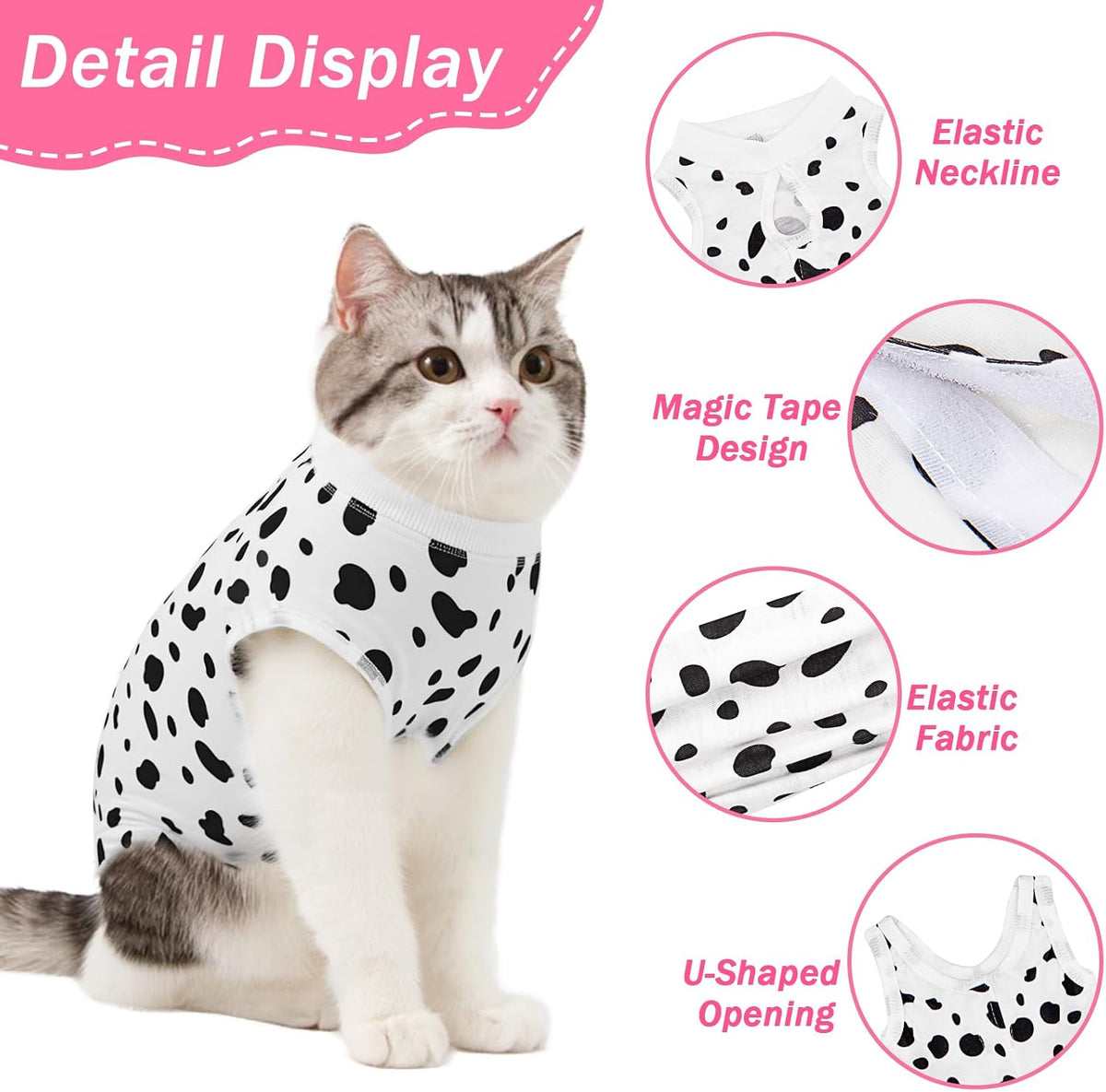 Back view of cat recovery suit showing hook-and-loop closure