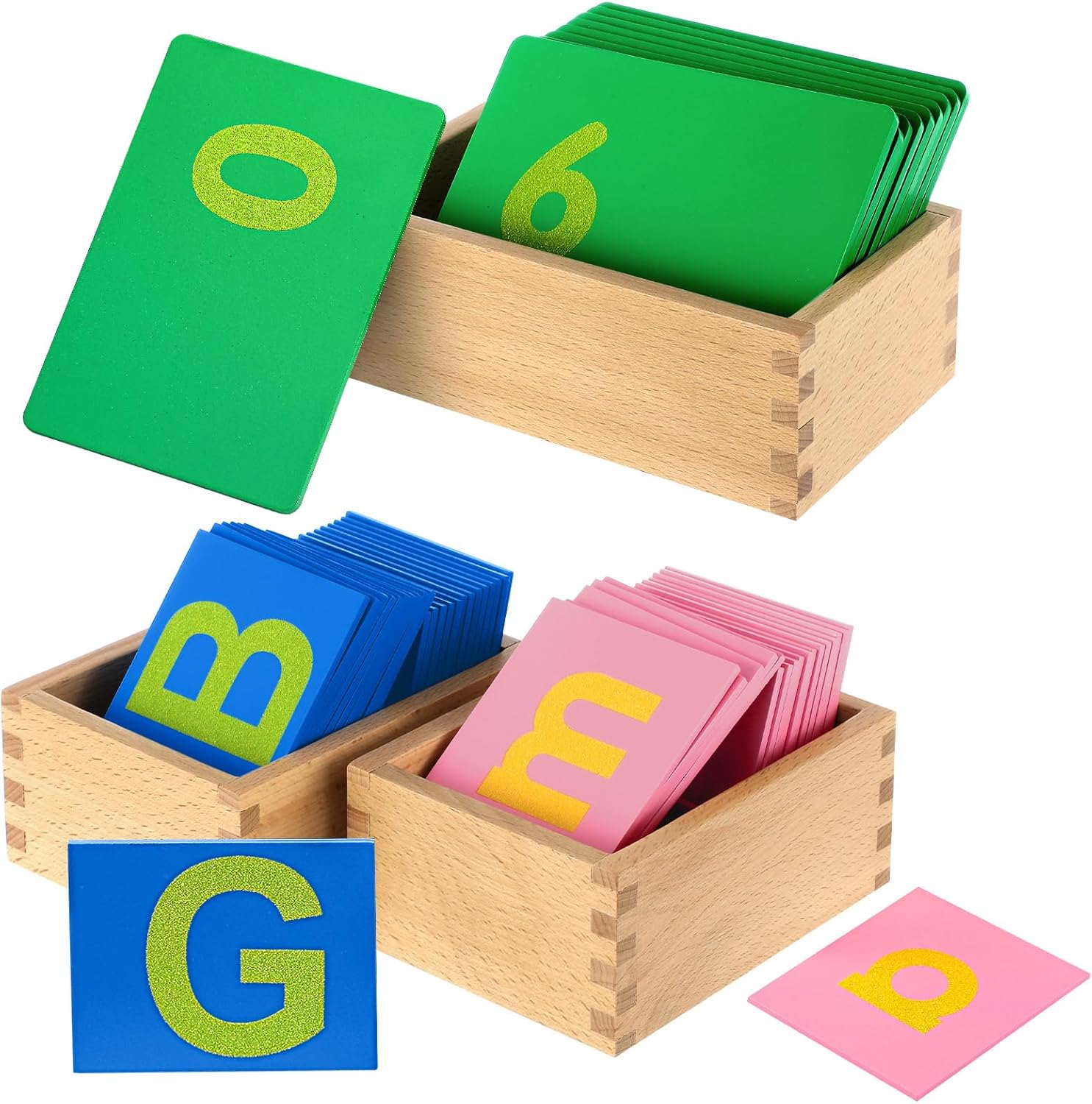 Henoyso 3 sets sandpaper letters with boxes lower and capital case front view for Montessori educational learning.