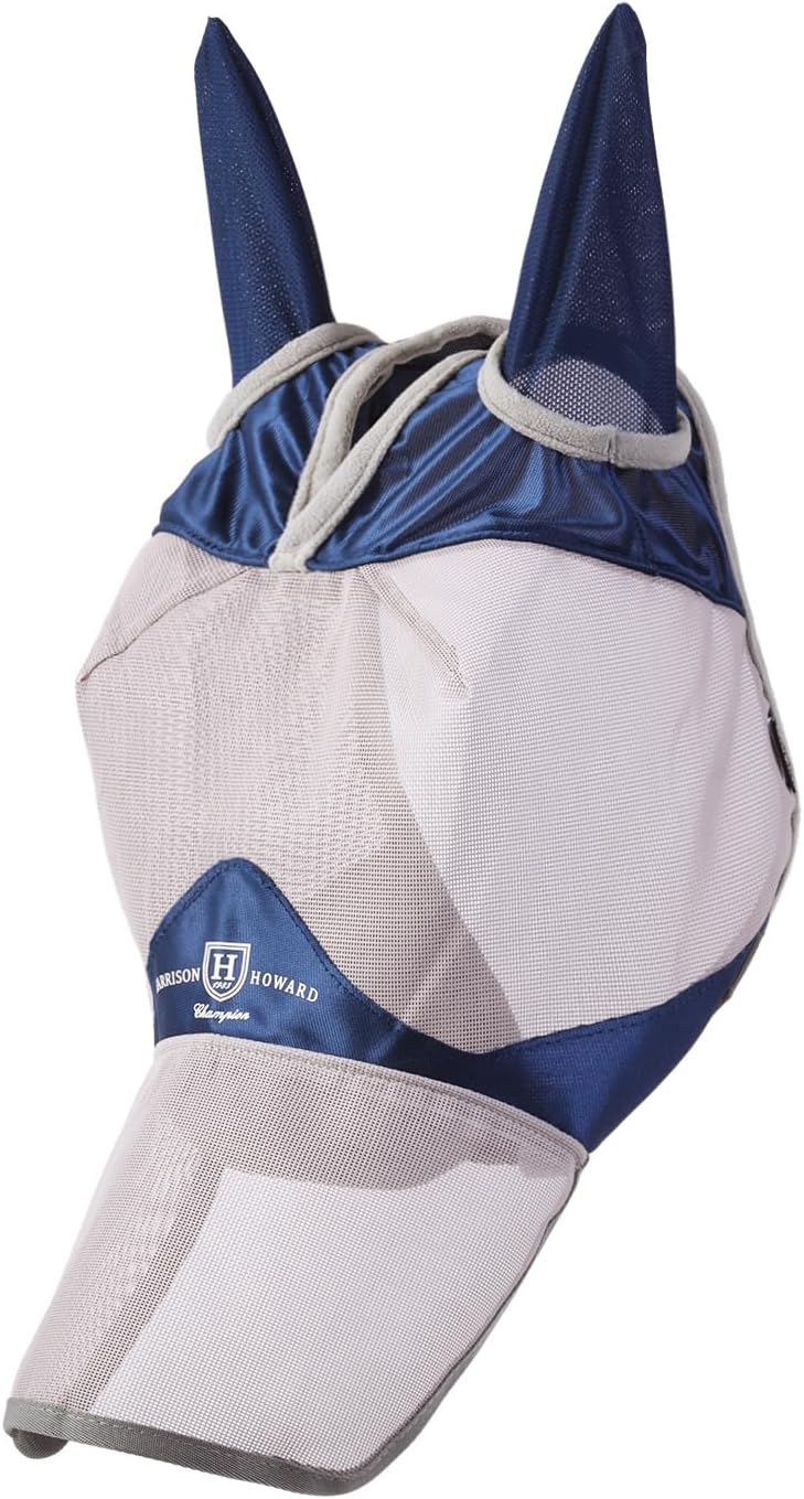 Side view of navy Harrison Howard horse fly mask