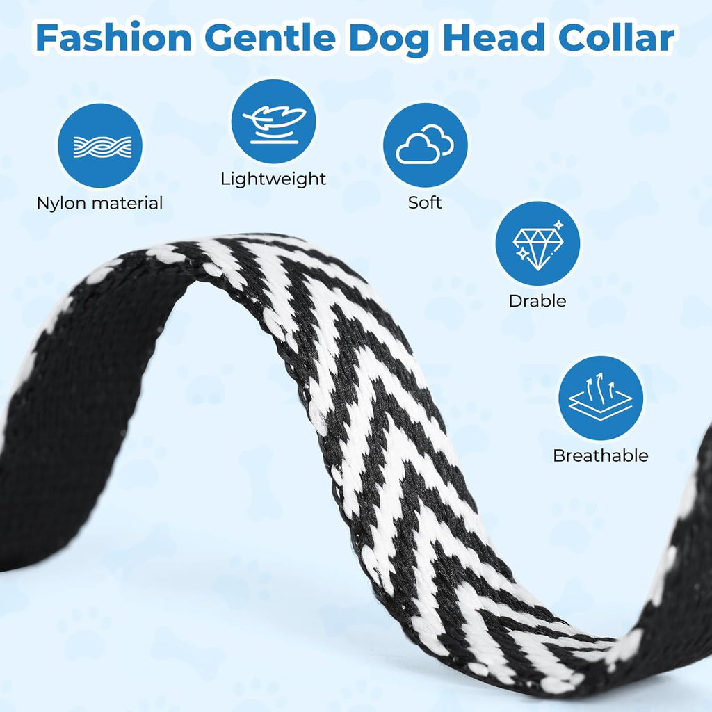 Barkless padded dog head collar black and white chevron pattern stripes