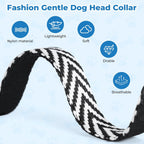 Barkless padded dog head collar black and white chevron pattern stripes