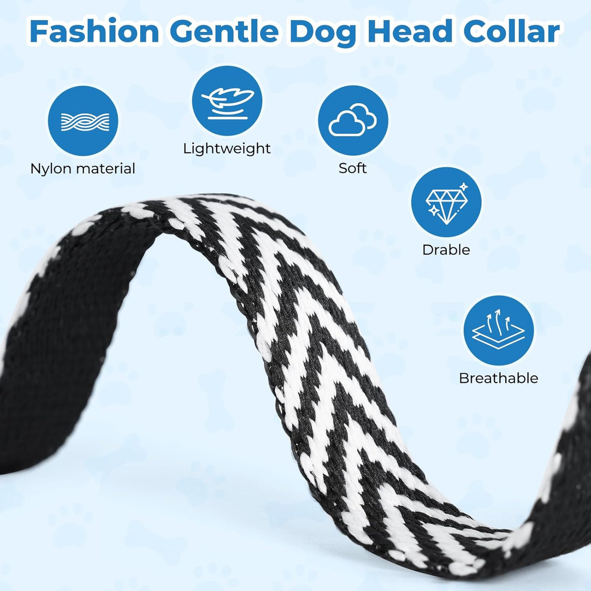 Barkless padded dog head collar black and white chevron pattern stripes