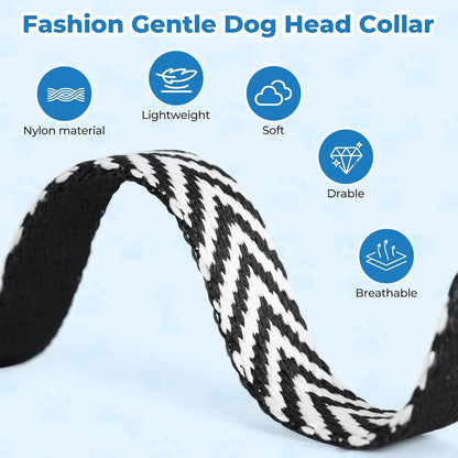 Barkless padded dog head collar black and white chevron pattern stripes