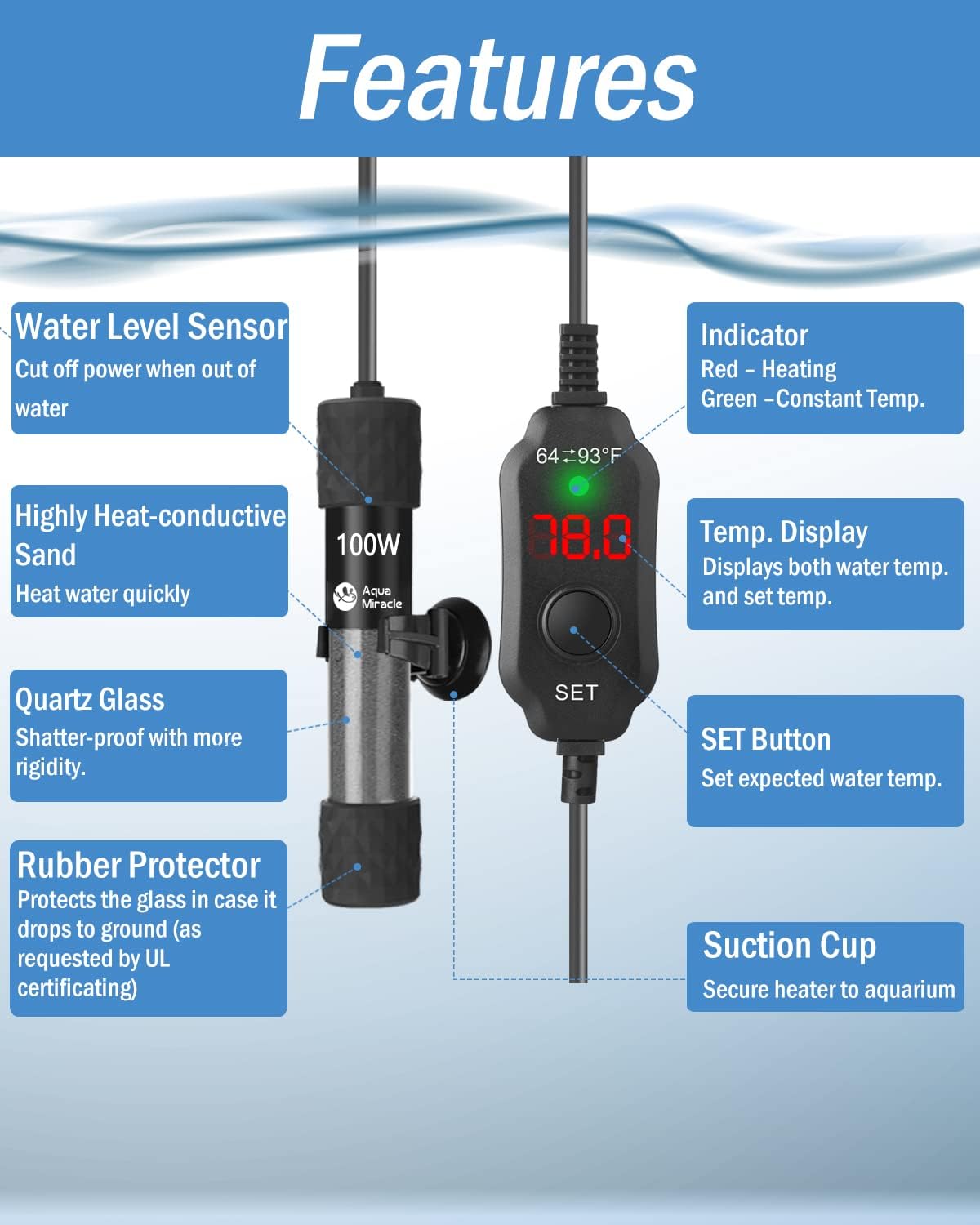 AquaMiracle submersible fish tank heater installed in aquarium