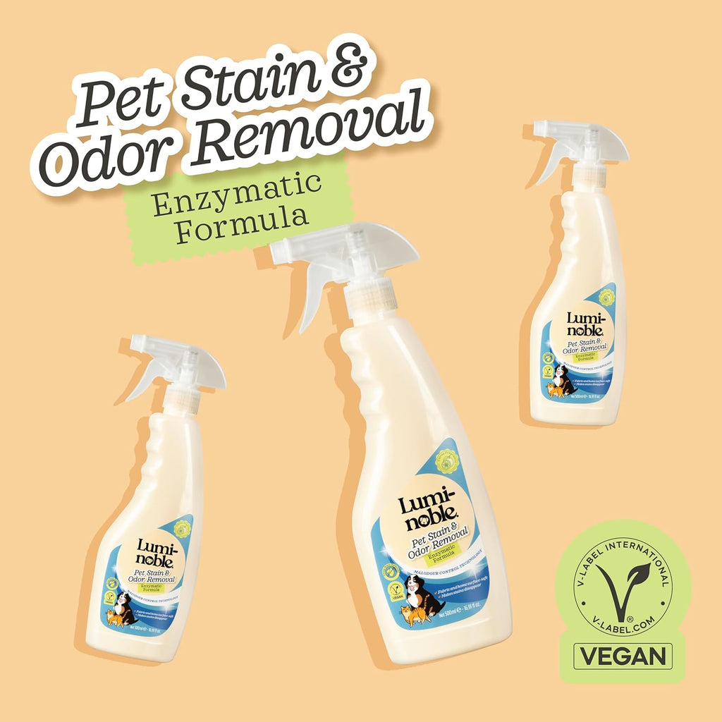 Non-toxic pet mess remover bottle showing safe ingredients list.