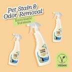 Non-toxic pet mess remover bottle showing safe ingredients list.